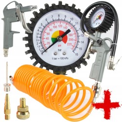 Set di Attrezzi Utensili Pneumatici | 6 Pezzi | Lunghezza Tubo 5 m | Pistola per Gonfiaggio con Manometro, Pistola per Soffiaggio ad Aria, Tubo a Spirale, 3 Ugelli Intercambiabili